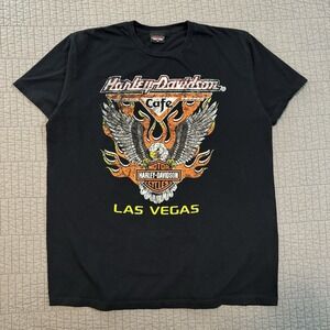 Harley Davidson T Shirt Men's XL Black‎ Las Vegas Cafe Flames Eagle Y2K Biker